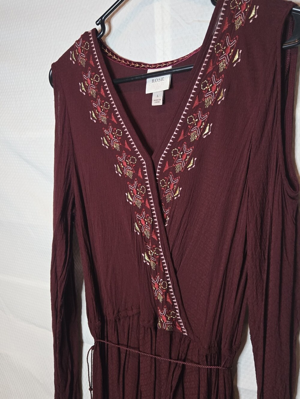 Women's Maroon Embroidered V-Neck Faux Wrap Dress